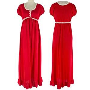 70s long red satin night gown FormFit Rogers 1970s vintage